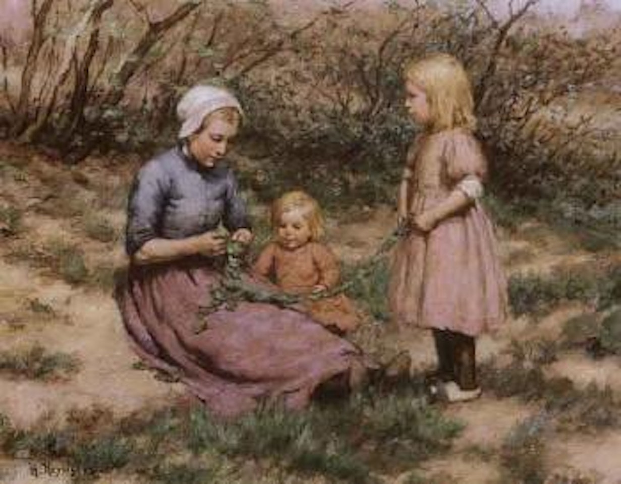 Young mother and two daughters making garland in dunes by Hendrik Heyligers