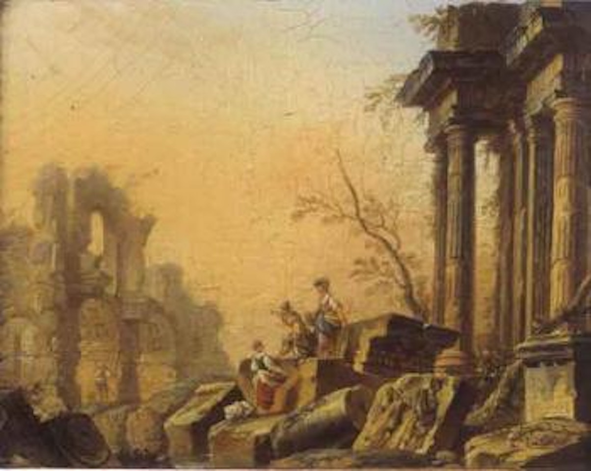 Lavandieres et soldats au milieu de ruines antiques by Pierre Antoine Demachy