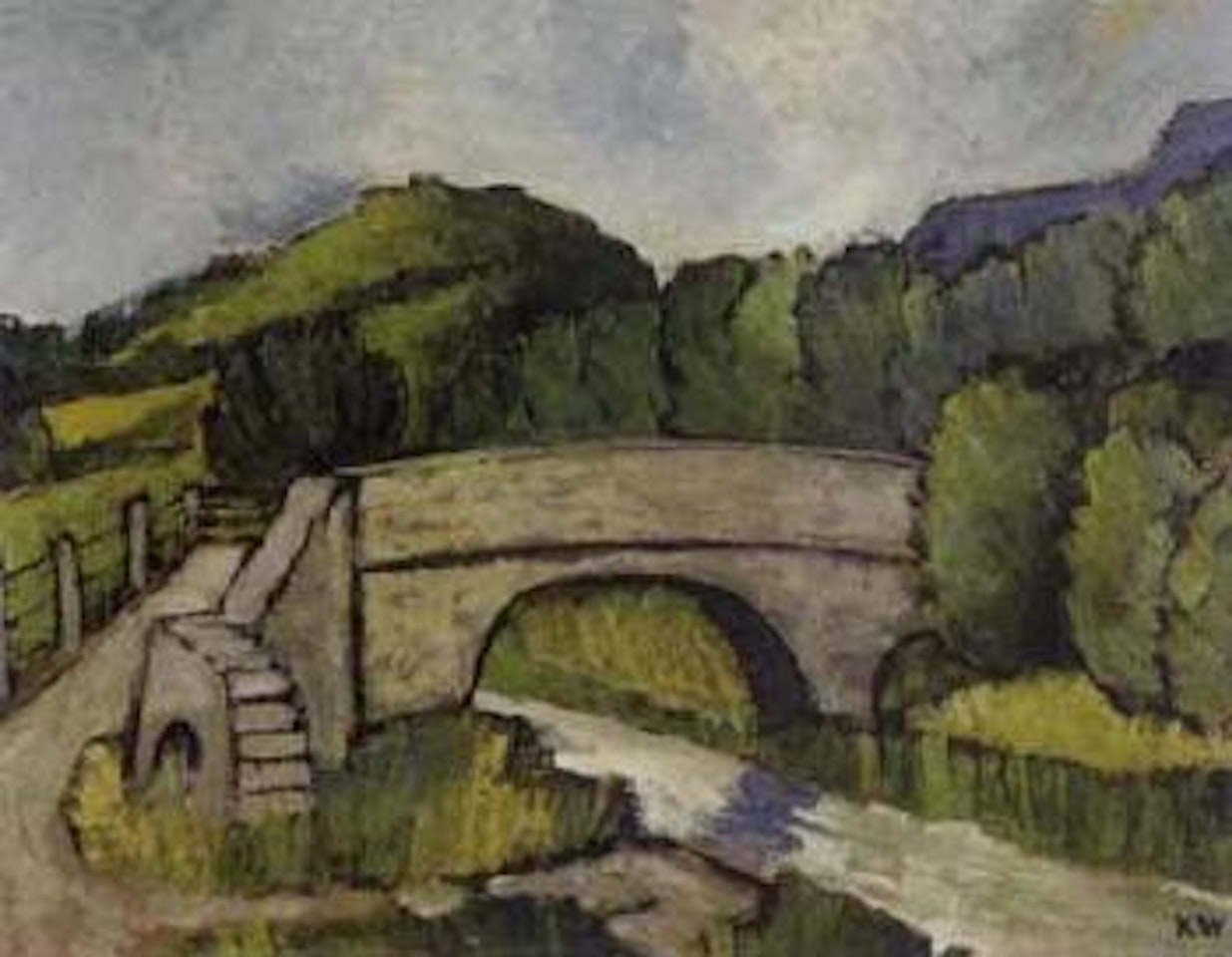 Landscape with canal bridge, thought to be the Llangollen canal by Kyffin Williams