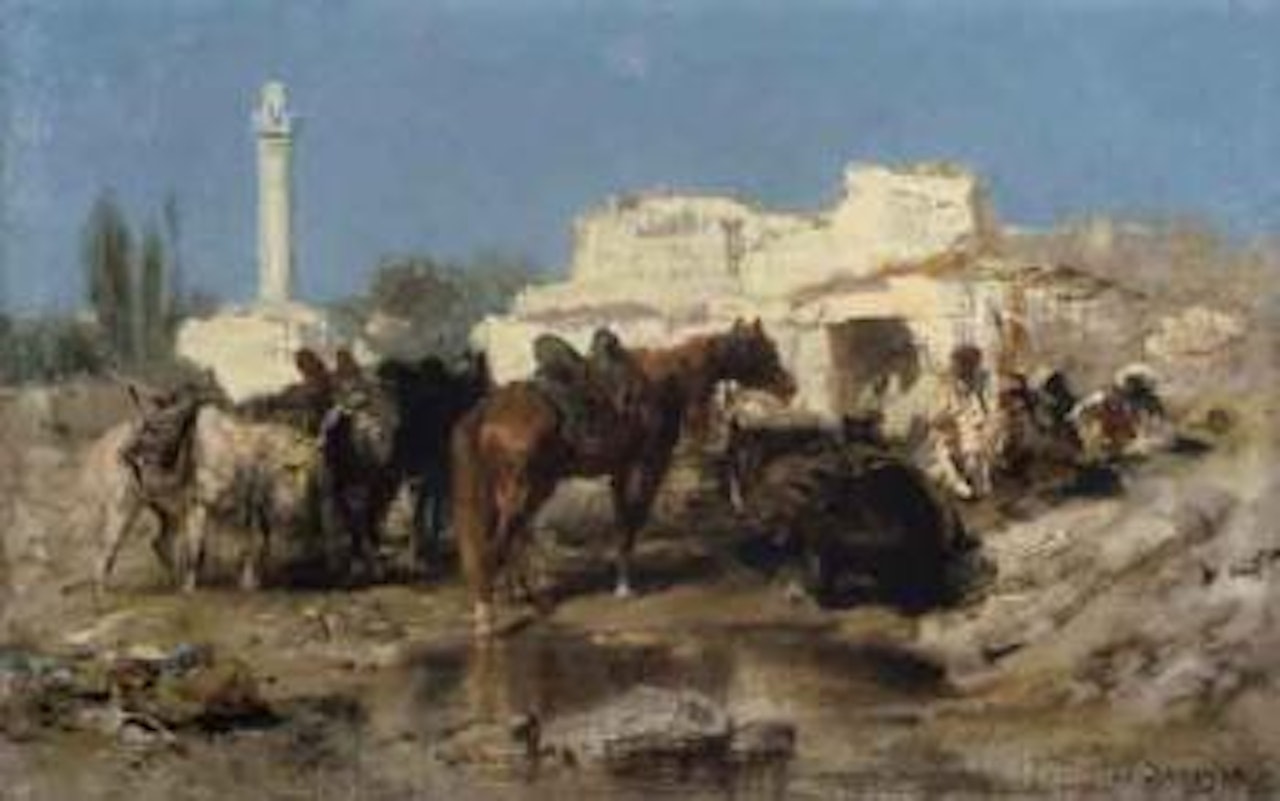Arabian horses tethered outside building by Adolf Schreyer