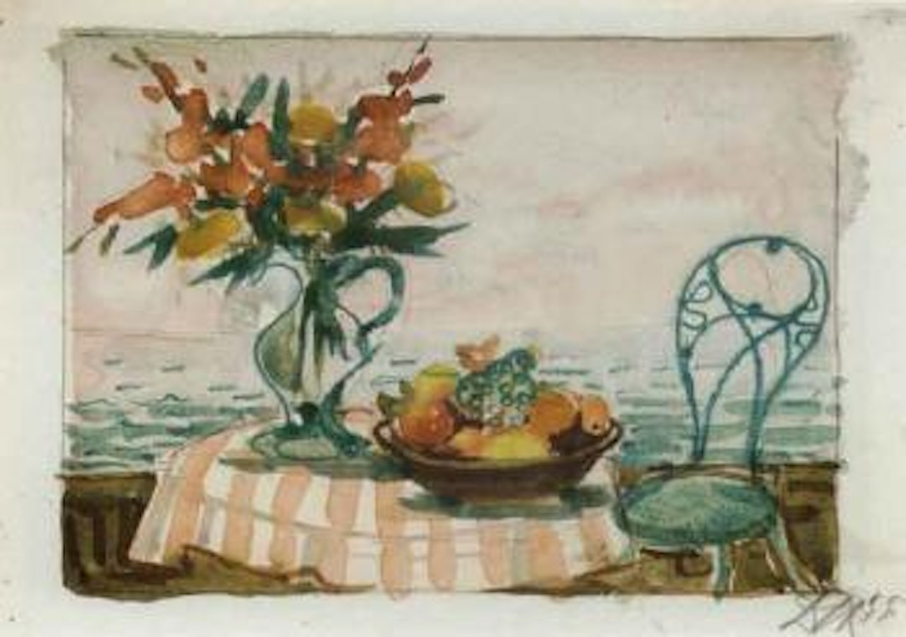 Still life with flowers and fruit on table by sea by Otto Dix