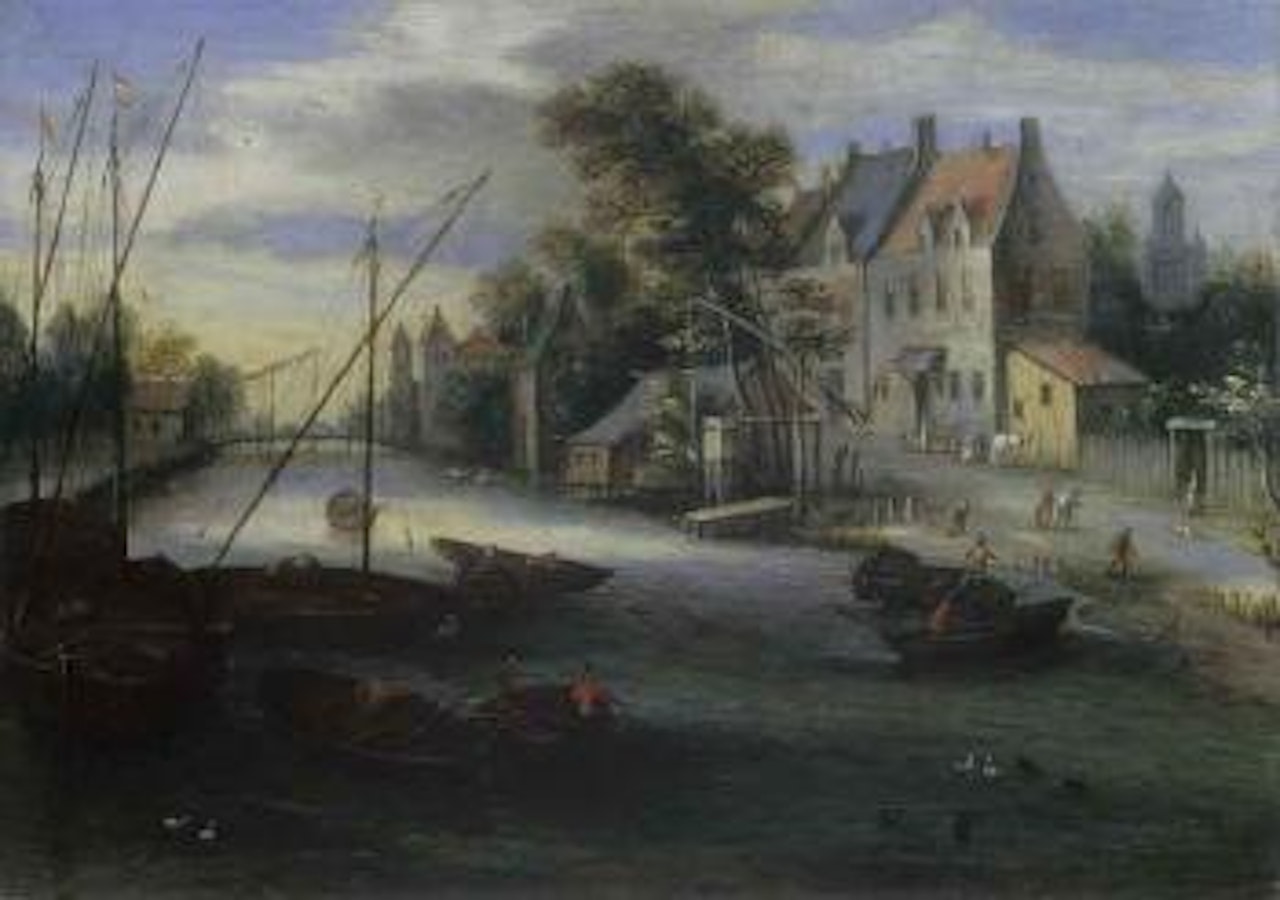 Canal landscape with fishing boats by Jan Brueghel the Younger
