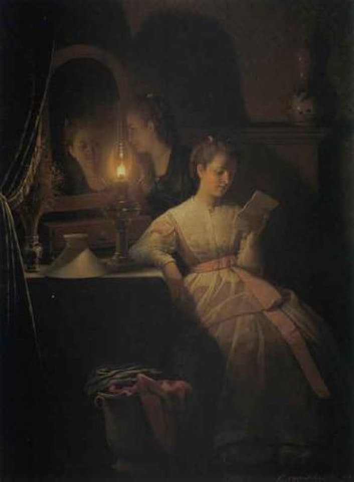 Interior with two young women and burning oil lamp by Petrus van Schendel