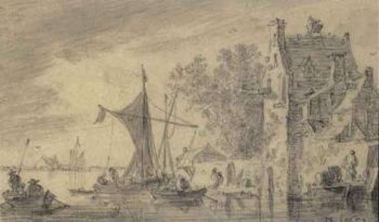 River landscape with buildings, boats and figures by Jan van Goyen