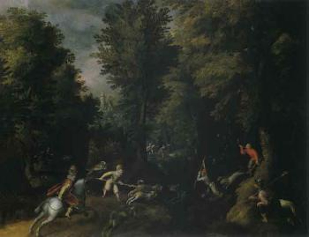 Wooded landscape with bear hunt by Frederick van Valkenborch