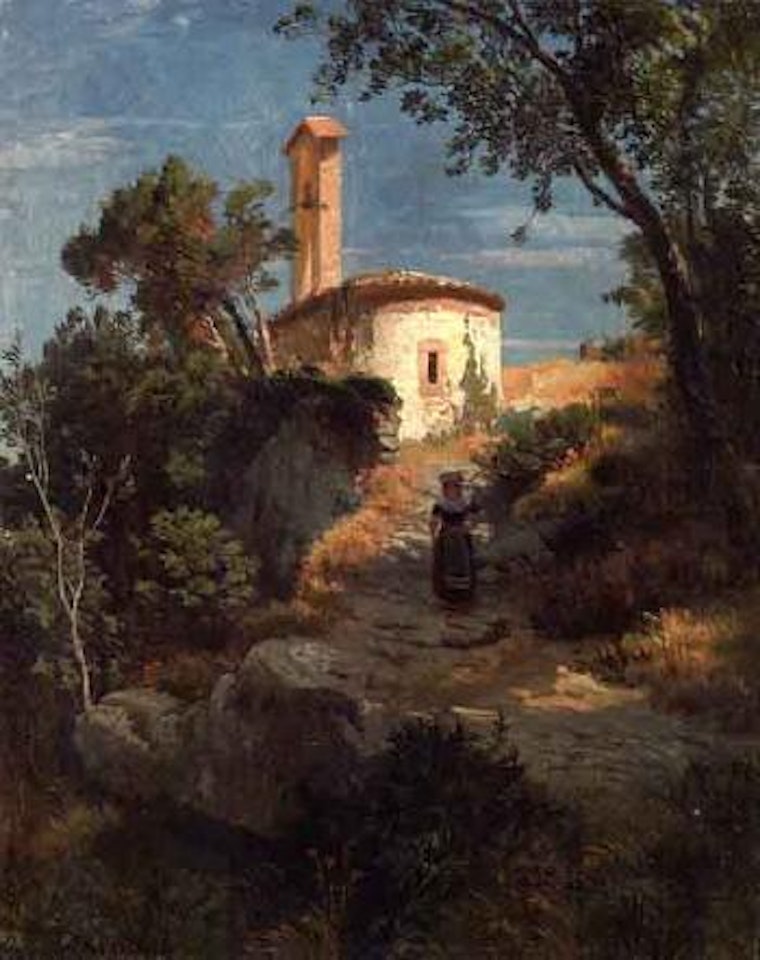 Italian landscape with chapel by Oswald Achenbach