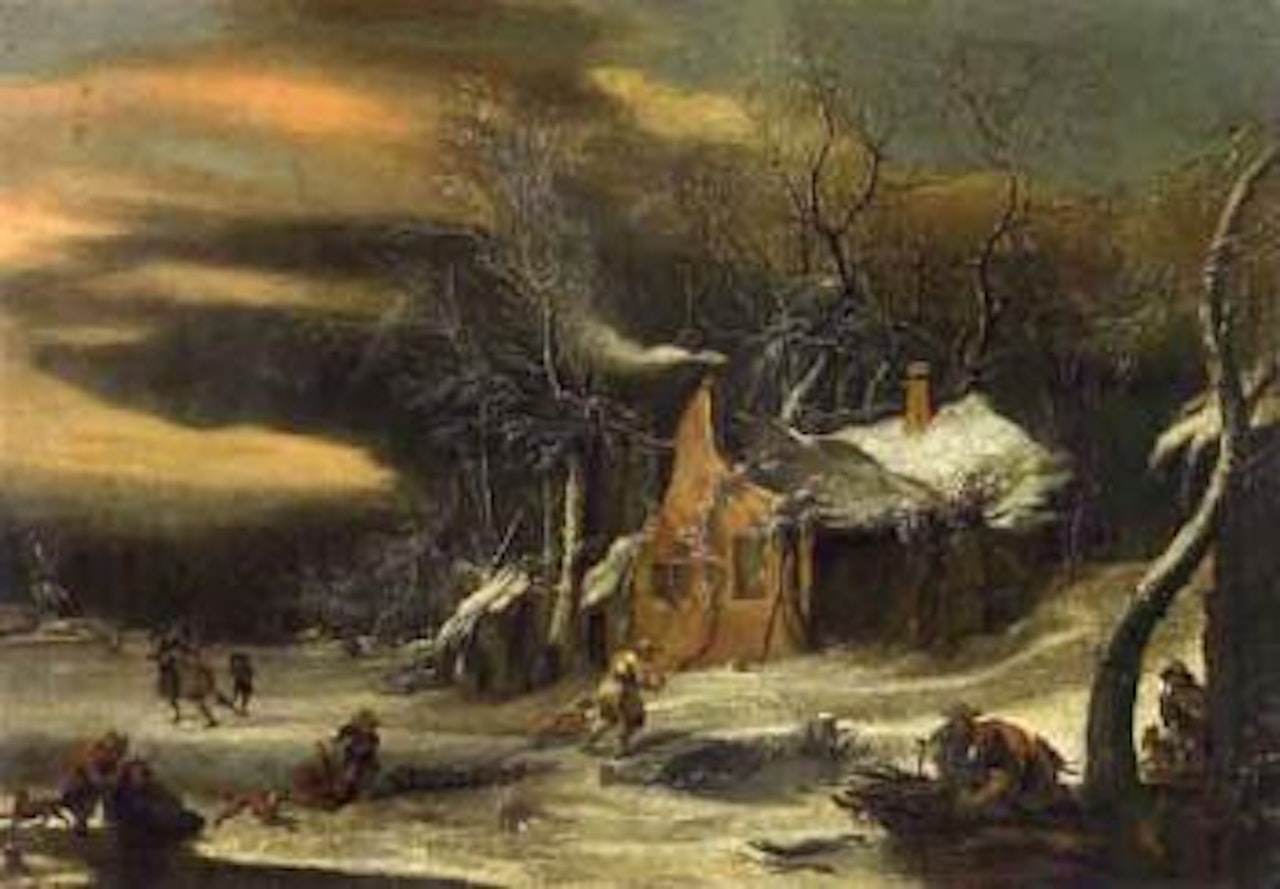 Winter landscape with peasant hut and figures by Jan Abrahamsz. Beerstraten