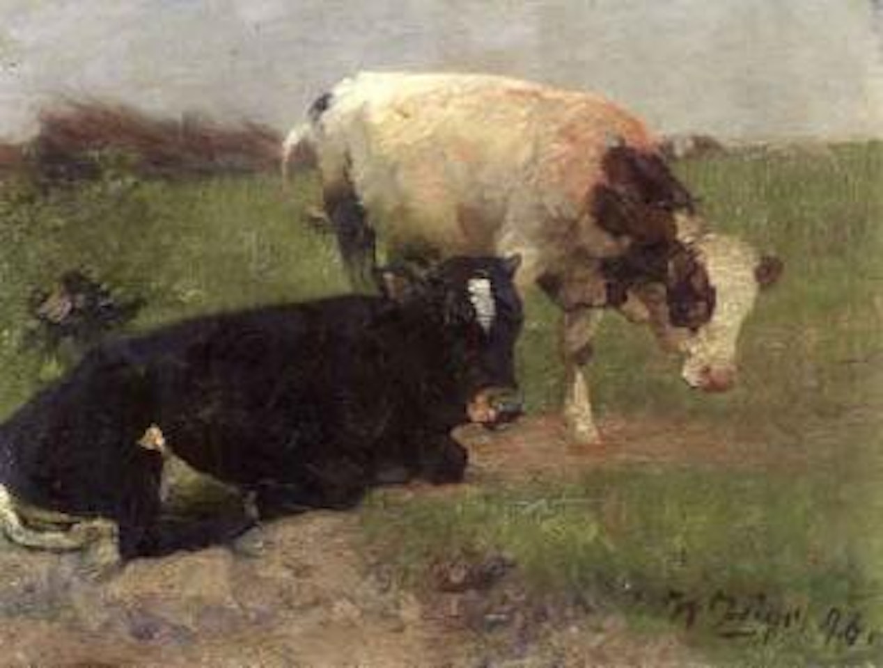 Cows grazing in meadow by Heinrich von Zugel