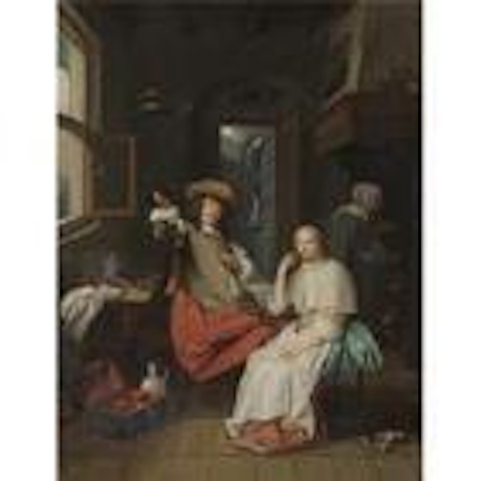 Interior with cavalier and a lady, both seated with a servant in the background by Dutch School