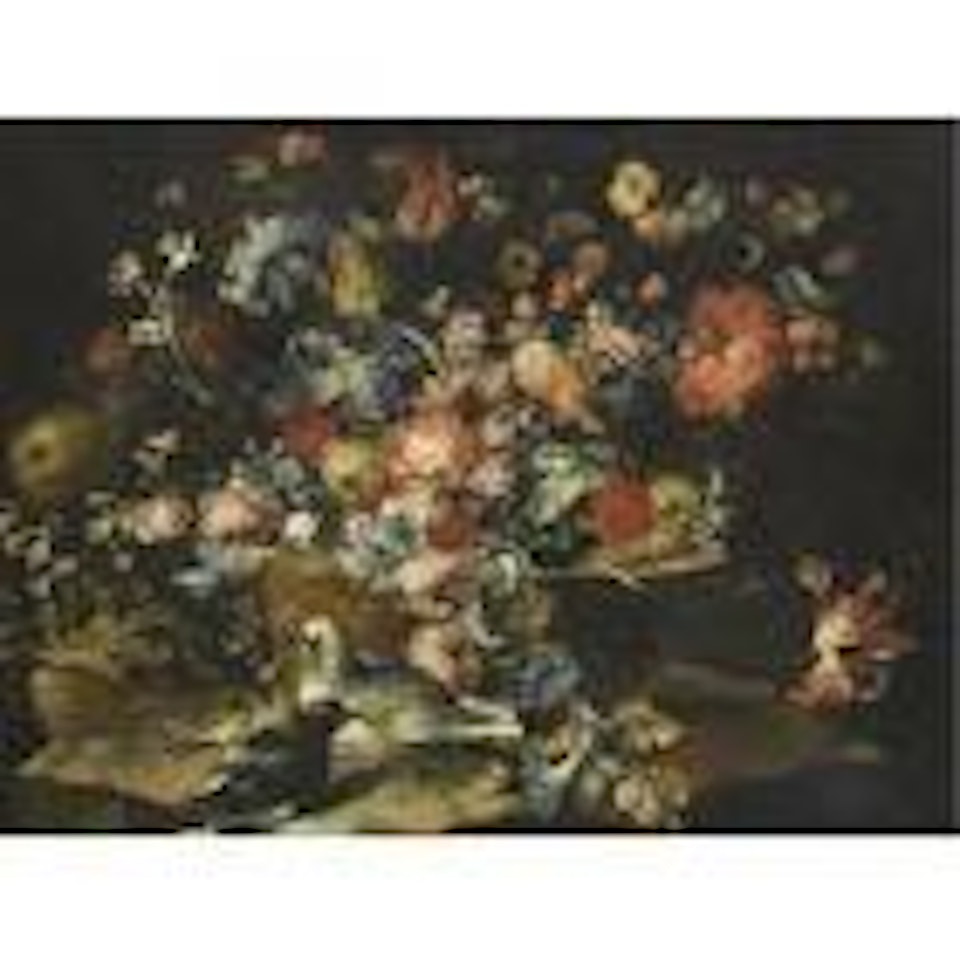 Still life with various flowers in a basket, two doves in a landscape by Francesco Guardi