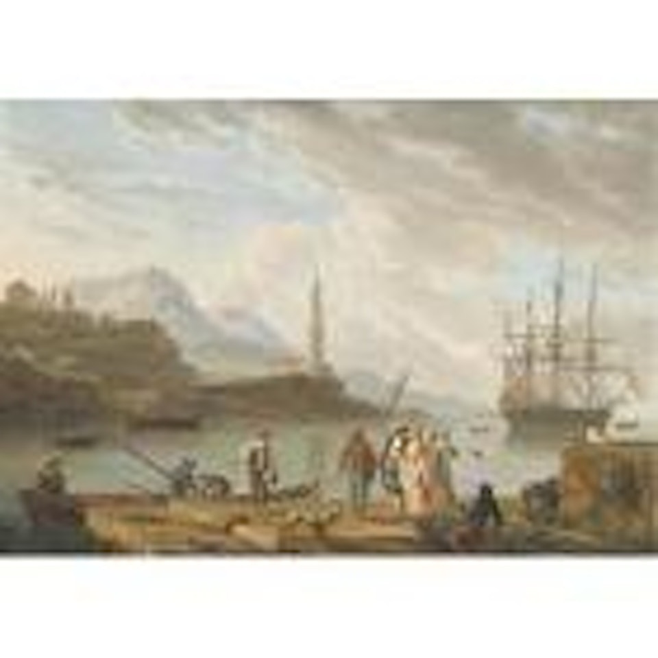 Mediterranean harbour with figures conversing in the foreground by Charles François Grenier de Lacroix de Marseille