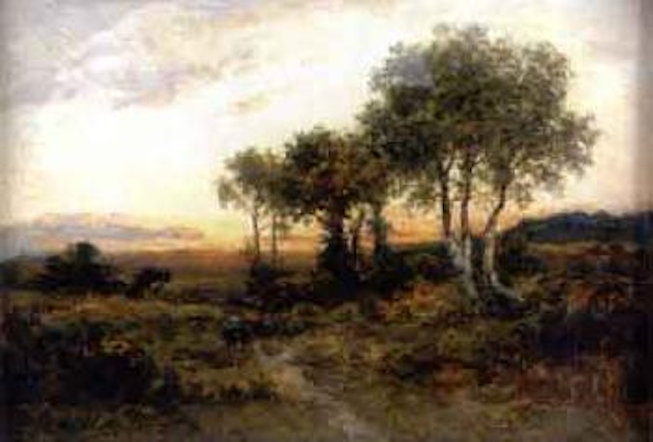Figures on a path at sunset by Benjamin Williams Leader
