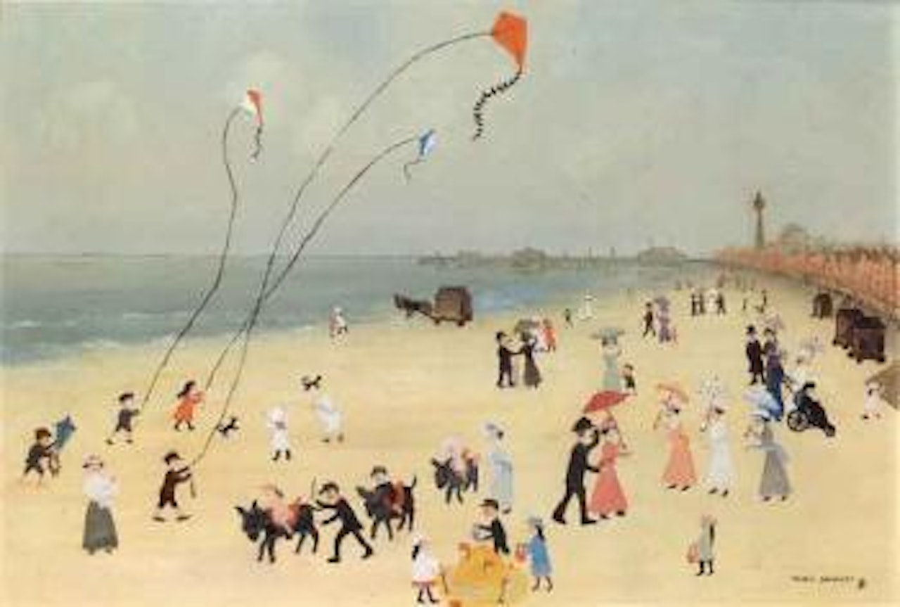 Willie and Annie Murgatroyd flying kites on the sand at Blackpool by Helen Bradley