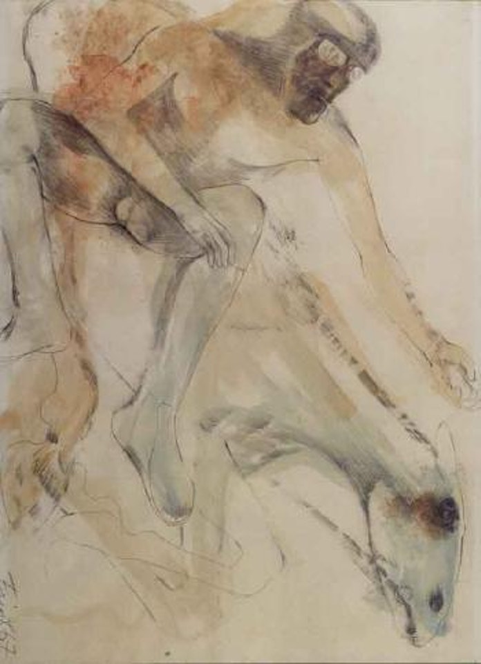 Goggle headed man on horse by Elisabeth Frink
