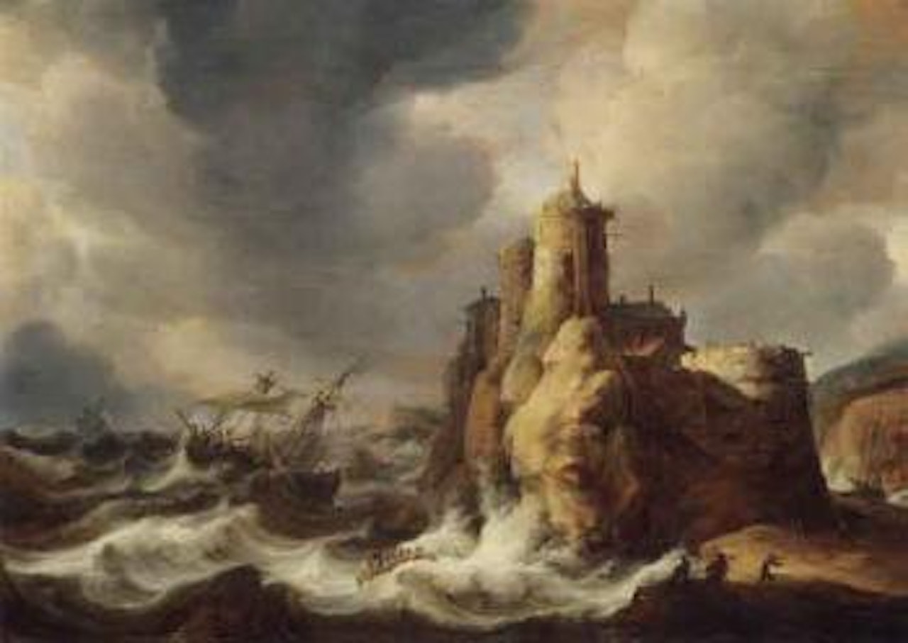 Shipping in a storm beneath a cliff top castle by Jan Abrahamsz. Beerstraten