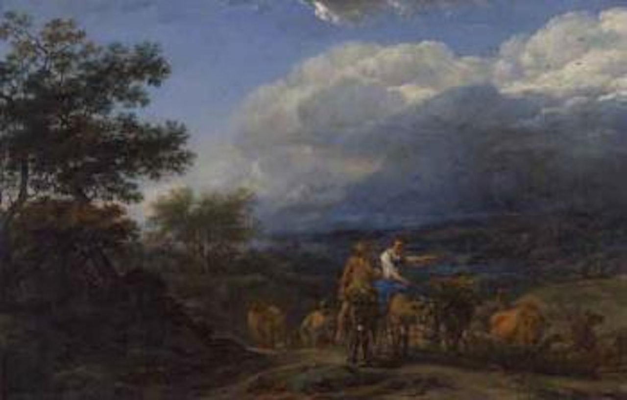 Hilly landscape with herdsmen and cattle by Nicolaes Pietersz Berchem