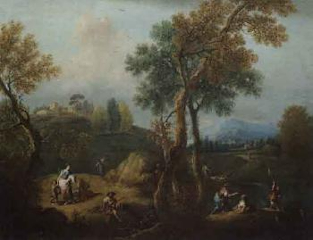 Italianate landscape with figures beneath a crucifix. Pastoral landscape with peasants and fishermen by Francesco Zuccarelli