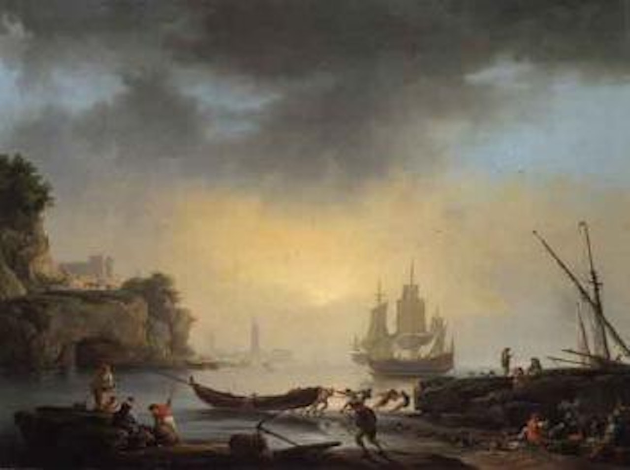Mediterranean coastal scene with fishermen bringing in their boats andL21 man-of-war at anchor by Claude Joseph Vernet