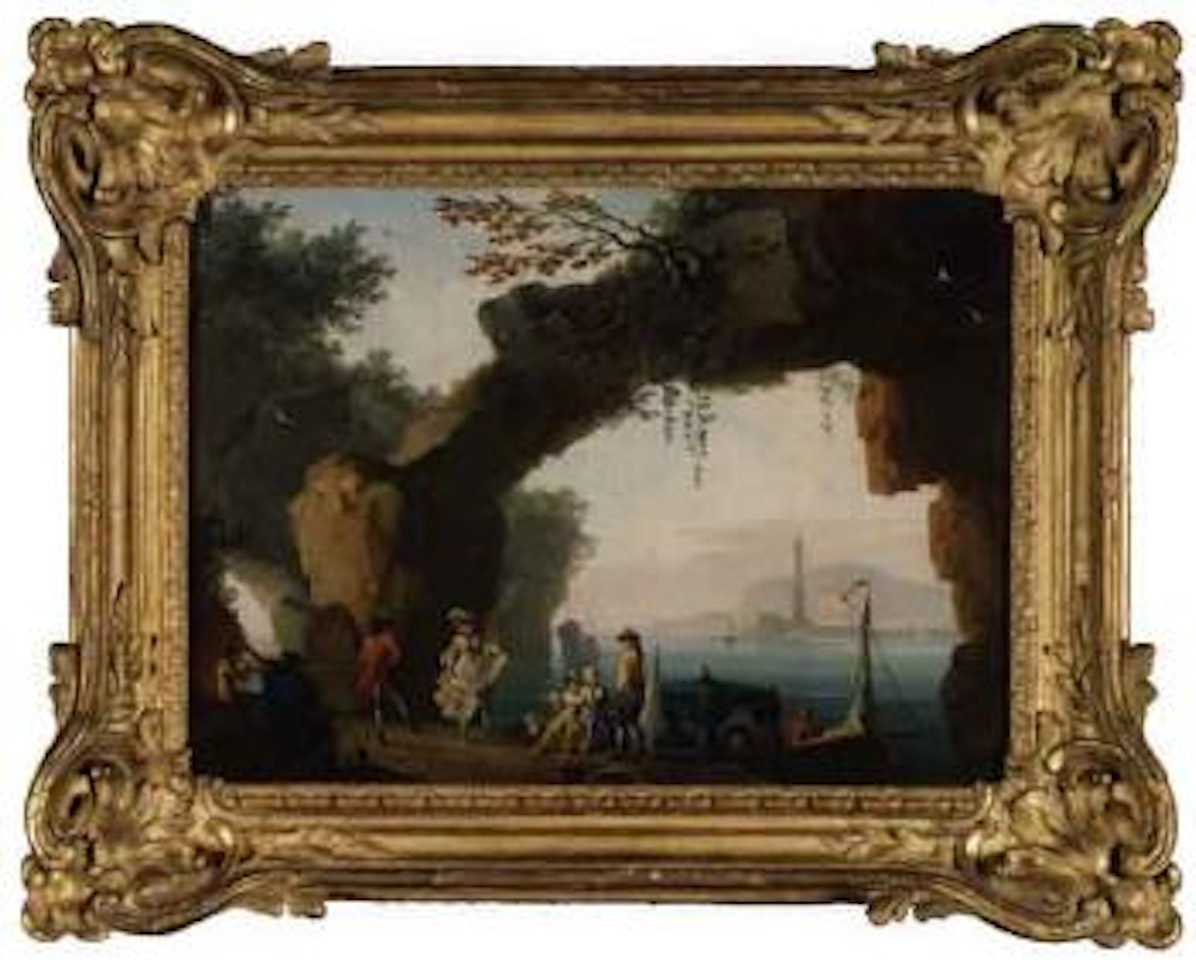 Mediterranean coastal landscape with elegant figures. Mediterranean haL21rbour scene at sunset by Charles François Grenier de Lacroix de Marseille