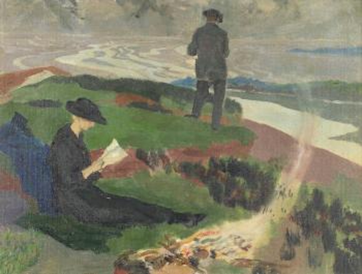 Lady seated reading beside a fire above an estuary by Augustus Edwin John