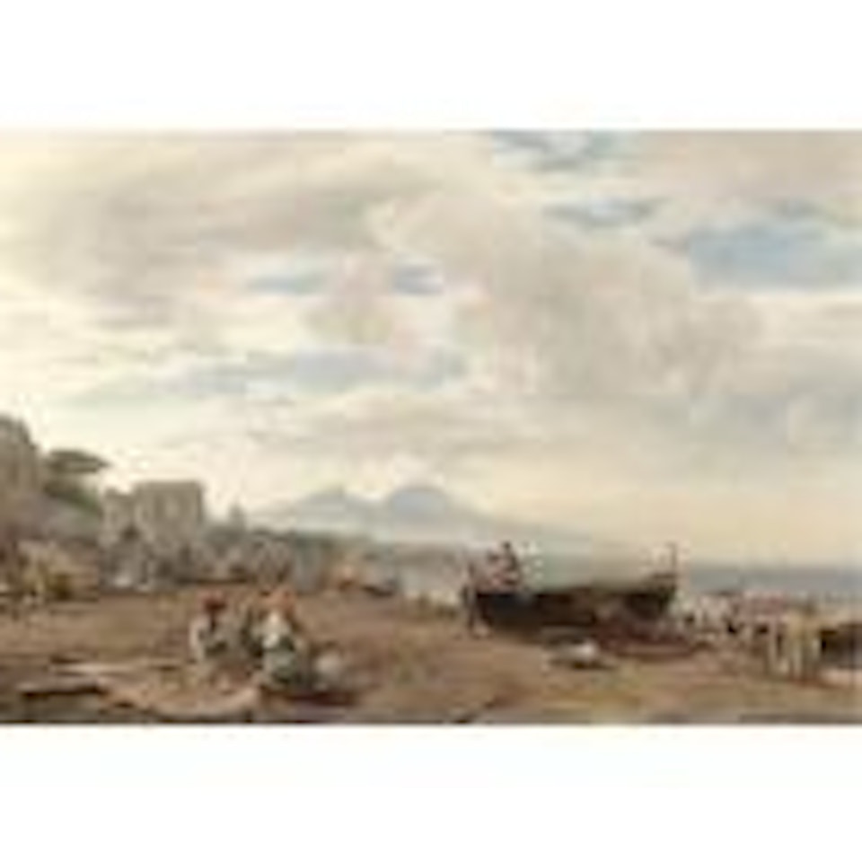 Fishermen o the Amalfi coast with mount Vesuvius beyond by Oswald Achenbach