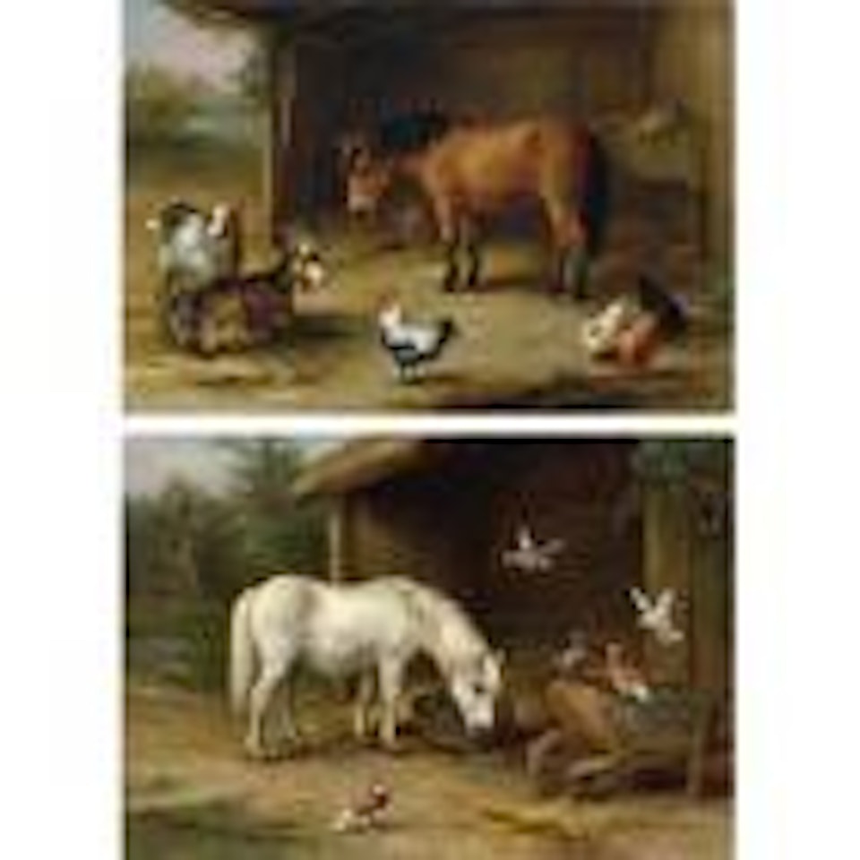 Horse with pigeons at feeding time. Pony with goats and chickens in a barn by Edgar Hunt