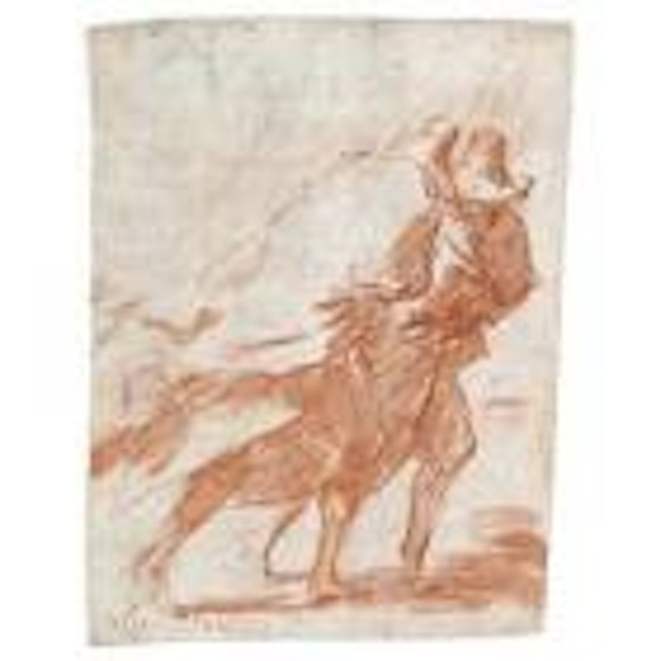 Two men in cloaks and hats, battling against a strong wing by Salvator Rosa