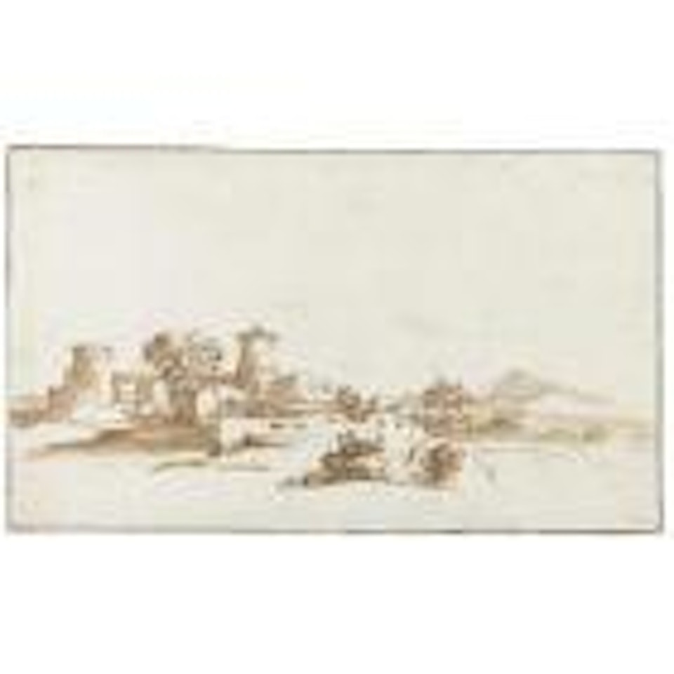 Campagna landscape with a castle and farm building by Jan de Bisschop