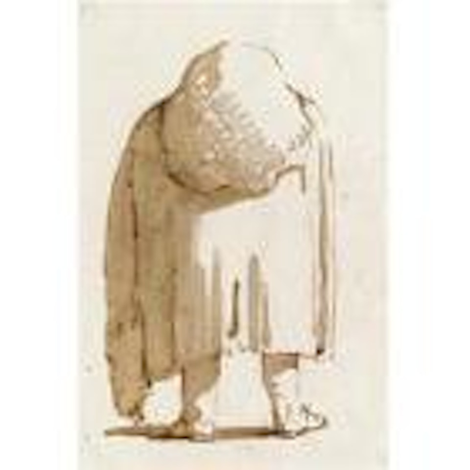 Caricature of a man wearing a large wig and heavy cloak by Giovanni Battista Tiepolo