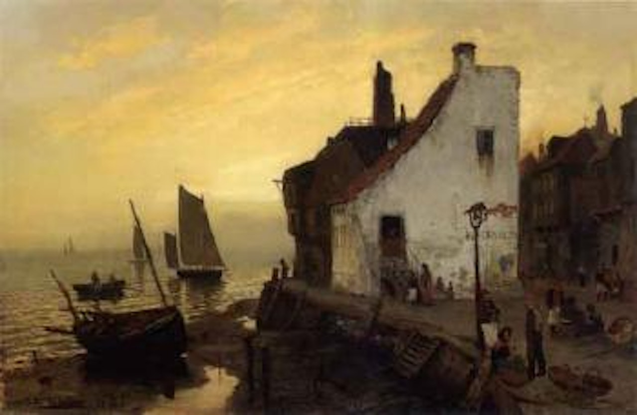 Fishing village with figures, the English channel at low tide by Fritz Thaulow