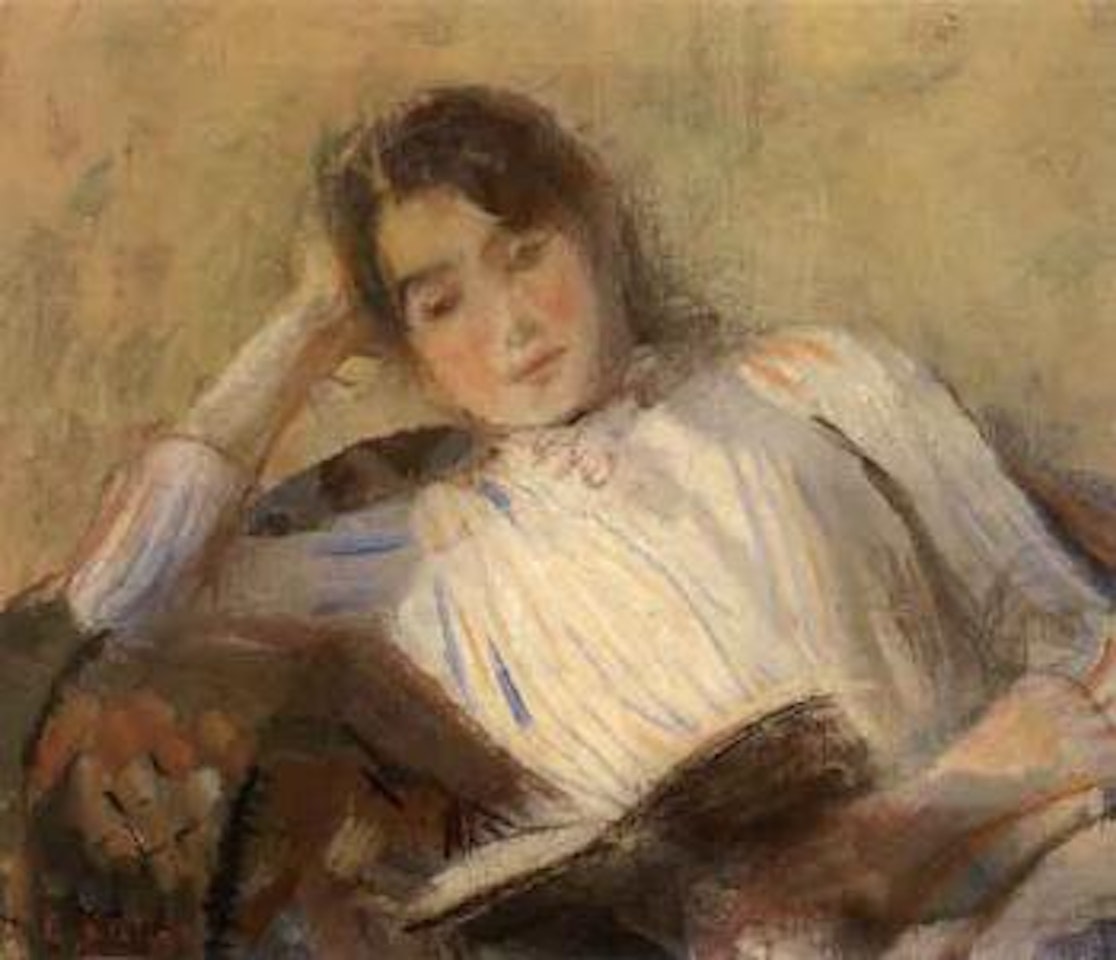 Woman reading, possibly Bokken Lasson by Christian Krohg