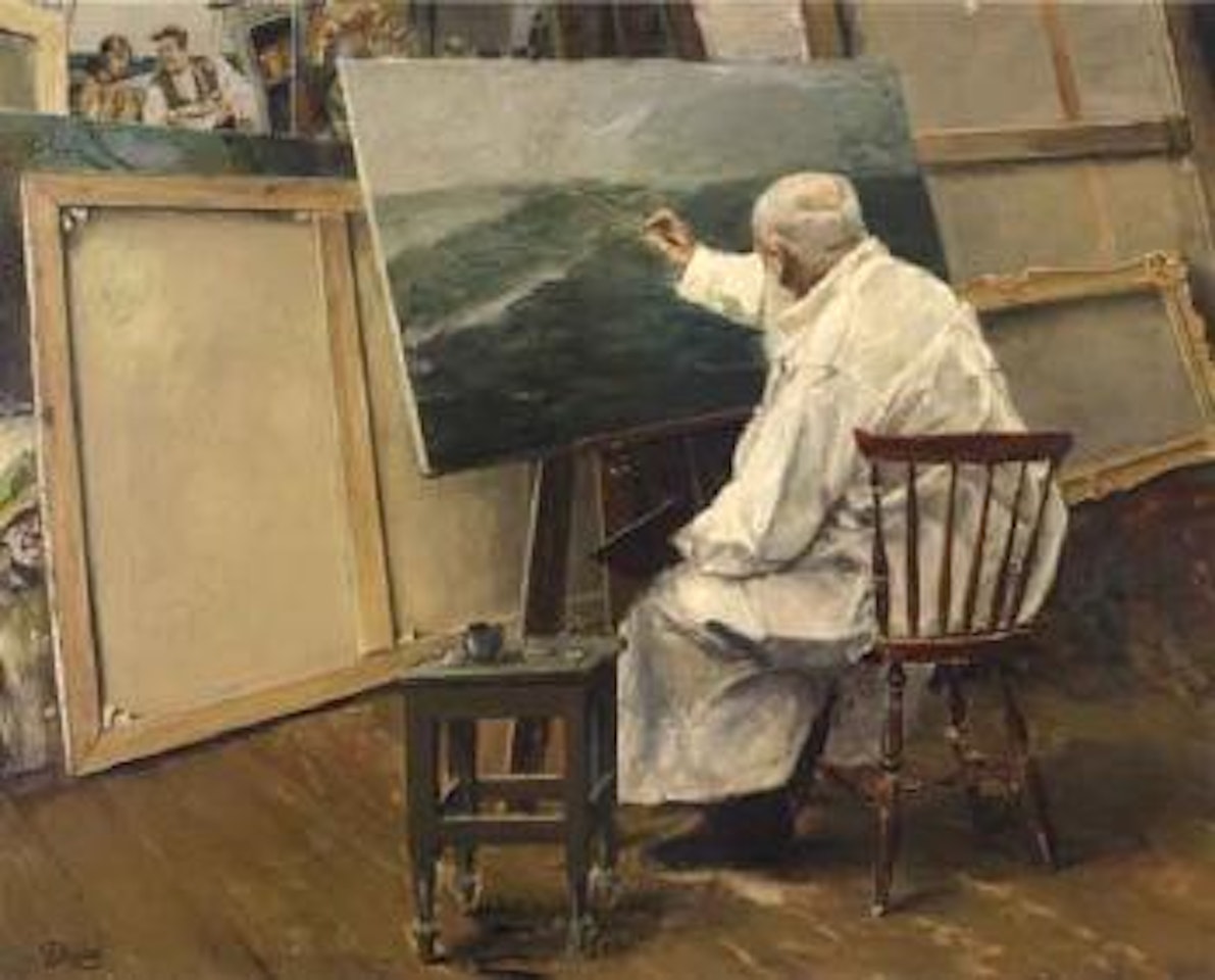 Self-portrait painting a seascape with other paintings in background by Christian Krohg