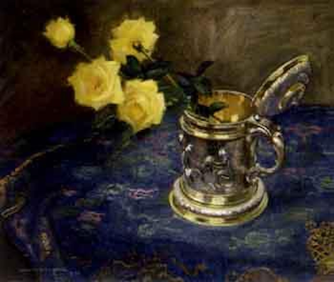 Roses in silver pot by Olle Hjortzberg