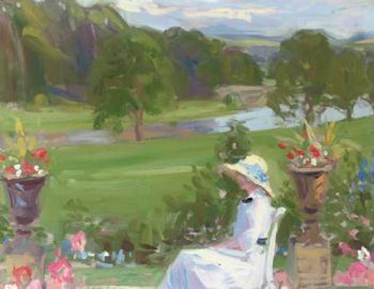 Jean Cadell at Dalserf, seated in a white dress by Francis Campbell Boileau Cadell