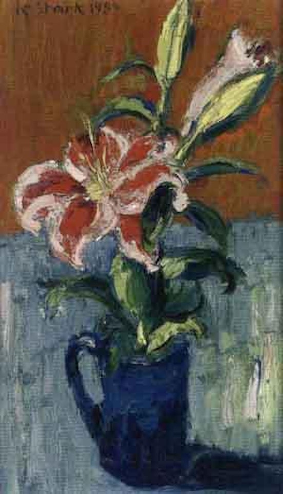 Still life of lilies in a blue jug by Karl Stark