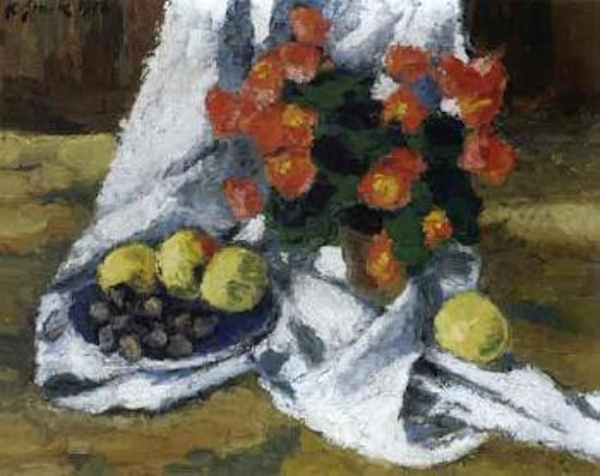 Still life of flowers and fruit on a white cloth by Karl Stark