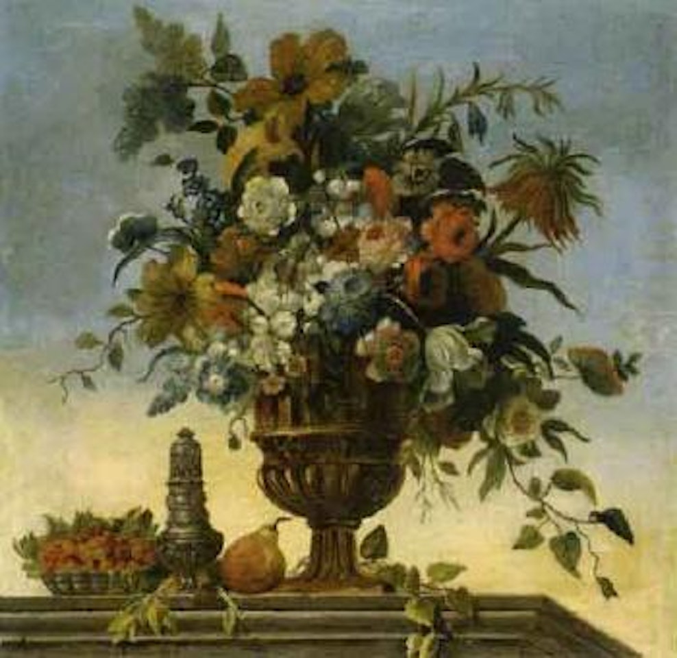 Bouquet de fleurs dans un vase pose sur une entablement by French School