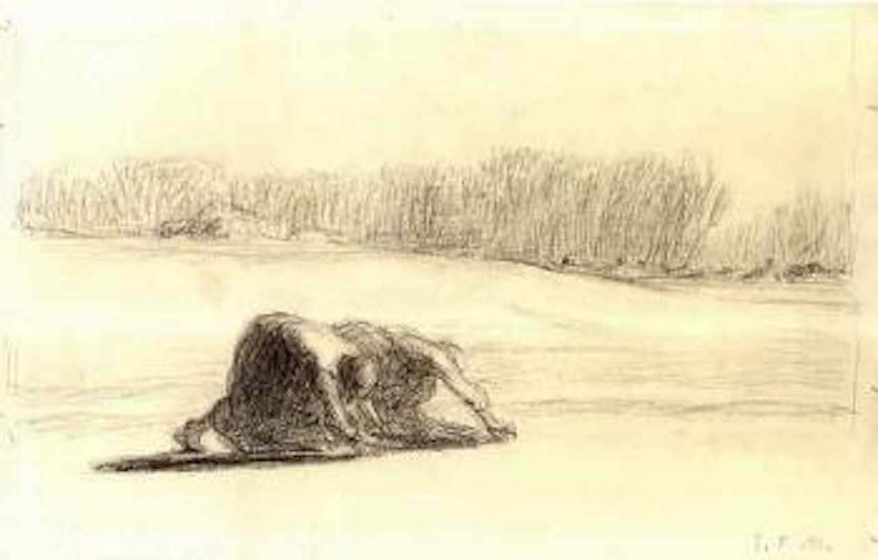 Deux glaneuses dans un champs avec l'arriere plan un bois by Jean-François Millet