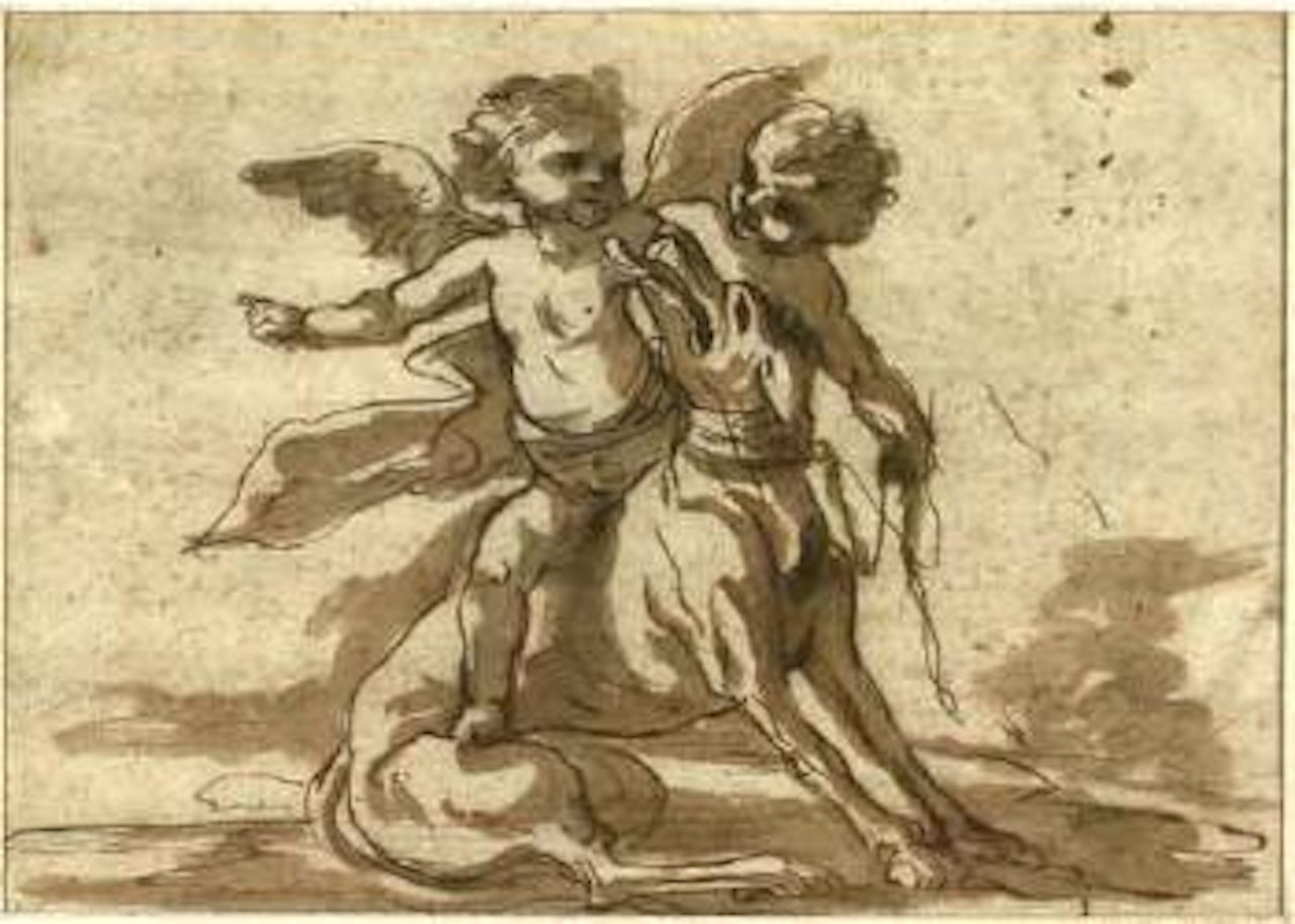 Deux putti tentant de chevaucher un chien by Pier Francesco Mola