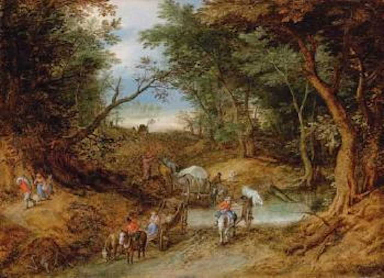 Wooded landscape with travelers on a path by Jan Brueghel the Younger