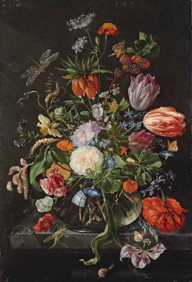 Flowers in glass vase on stone ledge with critters by Jan Davidsz de Heem