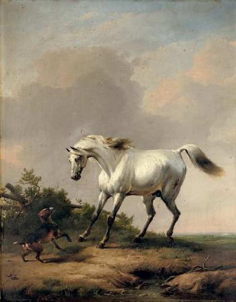 White horse startled by a dog by Eugène Joseph Verboeckhoven