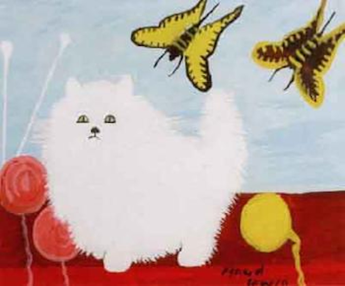 White cat and butterflies by Maud Lewis