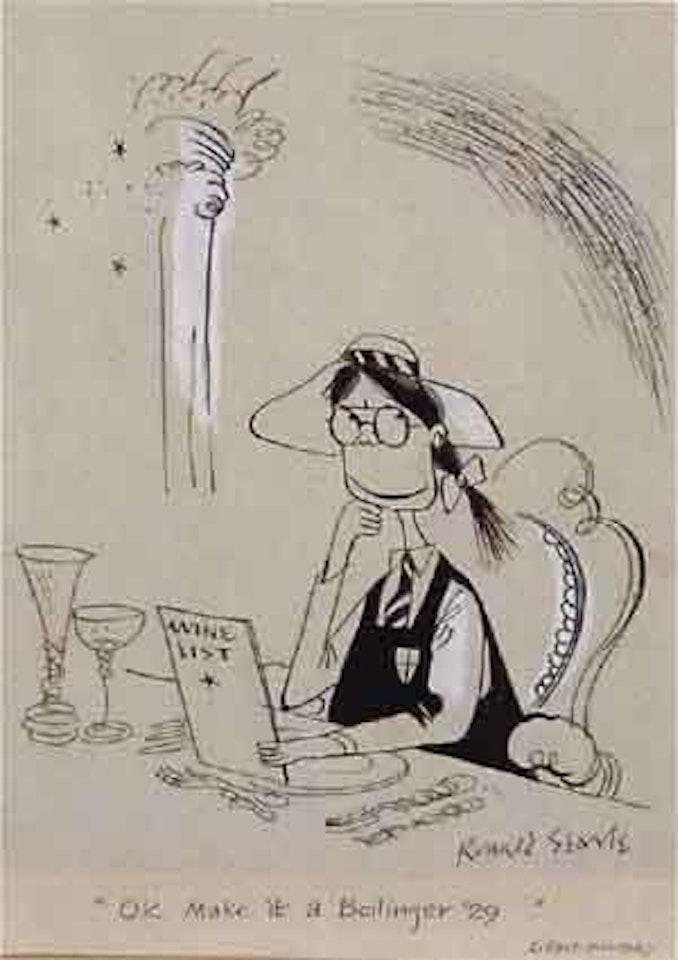 O.K make it a Bollinger 29, St. Trinian school girl seated in a restaurant by Ronald Searle