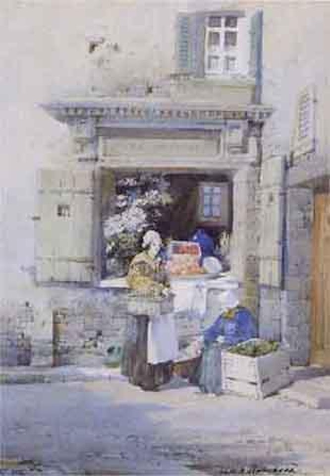 Figures outside a grocer shop by Noel Harry Leaver