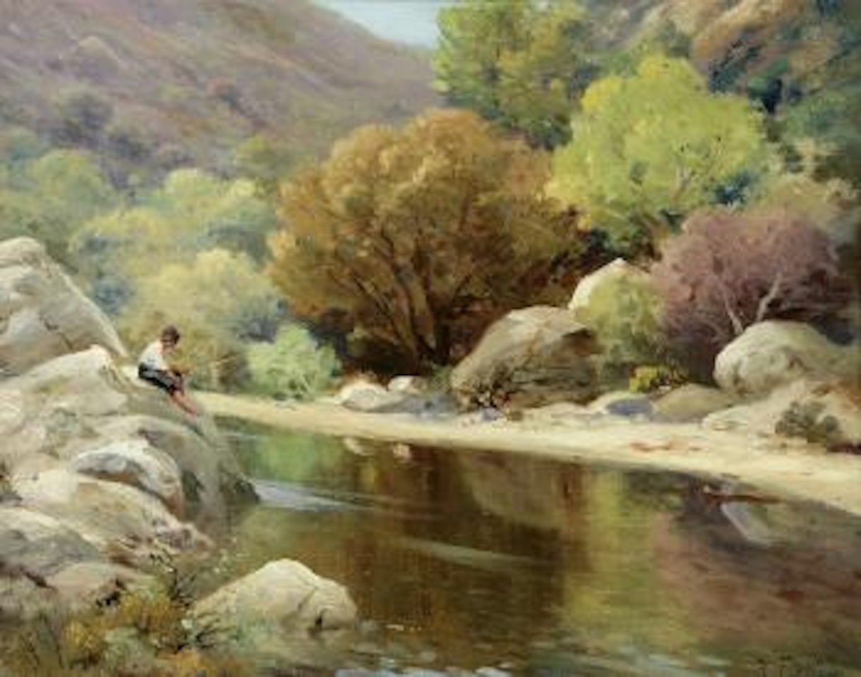 Figure fishing near a river by Angel Espoy