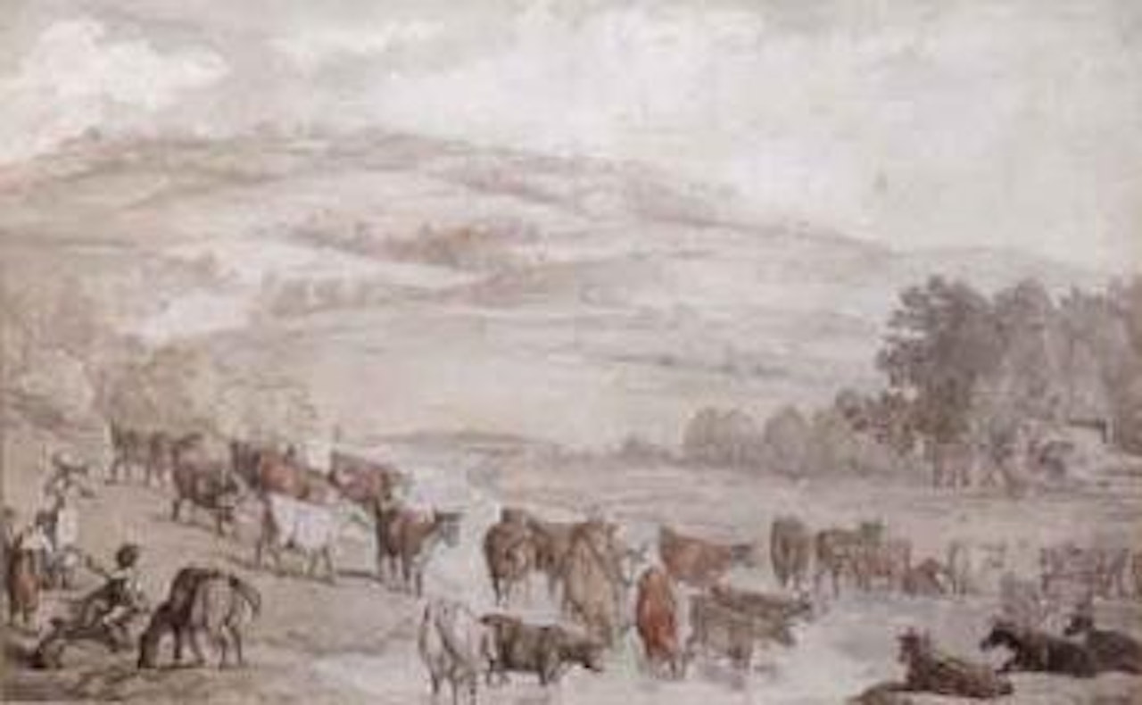 Cattle watering in an extensive wooded landscape by Thomas Rowlandson