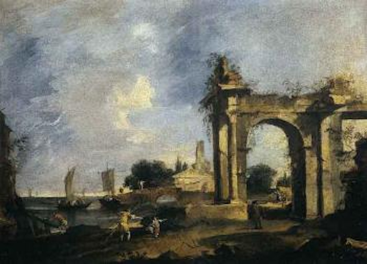 Caprice avec ruines au bord d'un lac by Francesco Guardi