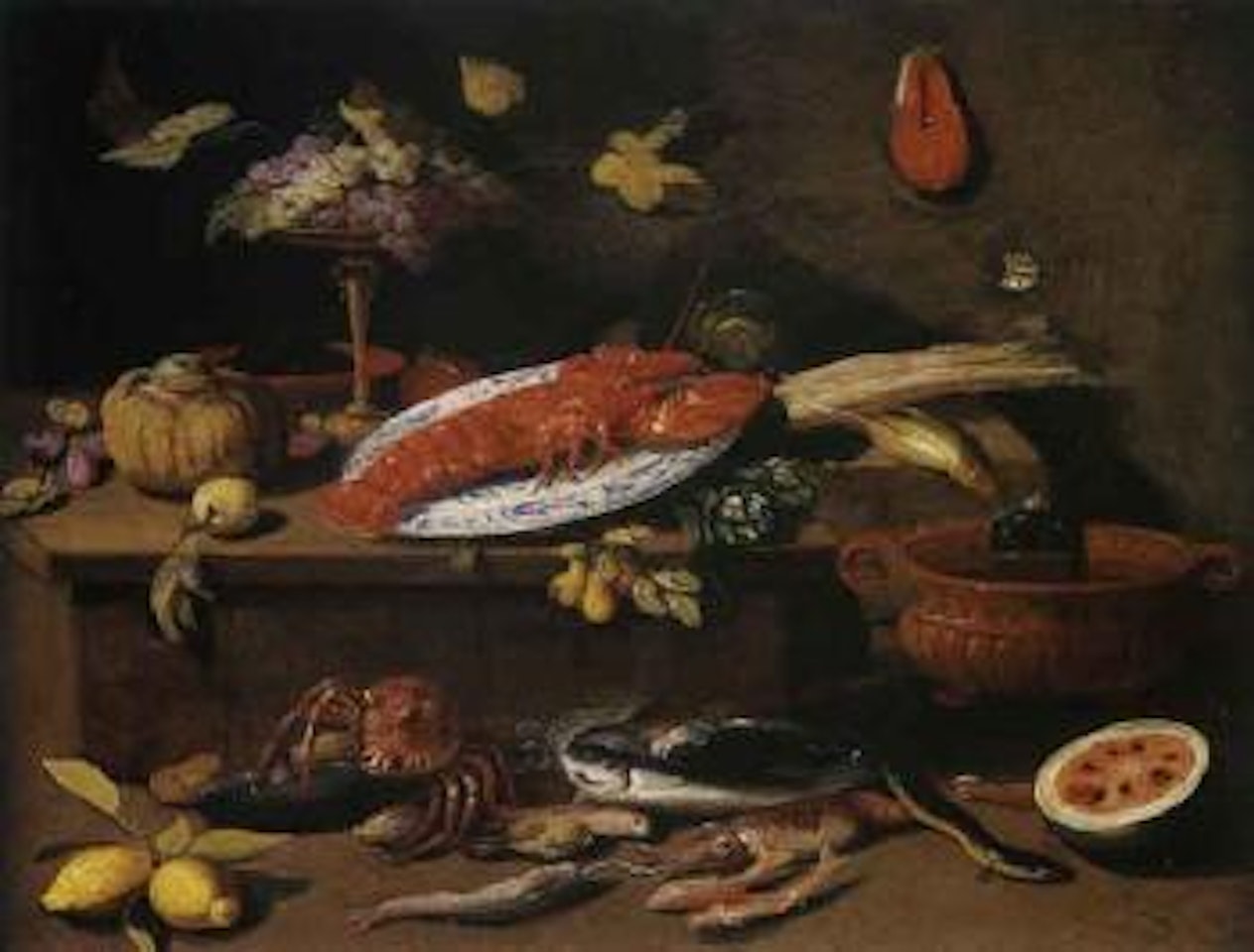Nature morte aux plat de homard, coupe de raisins et poissons by Jan Van Kessel The Elder