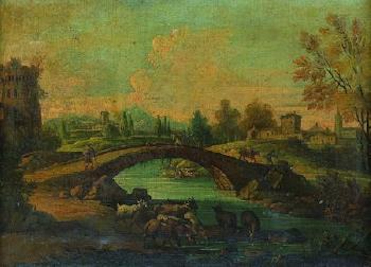 Paysage de riviere au pont, anime de paysans by Giovanni Battista Cimaroli